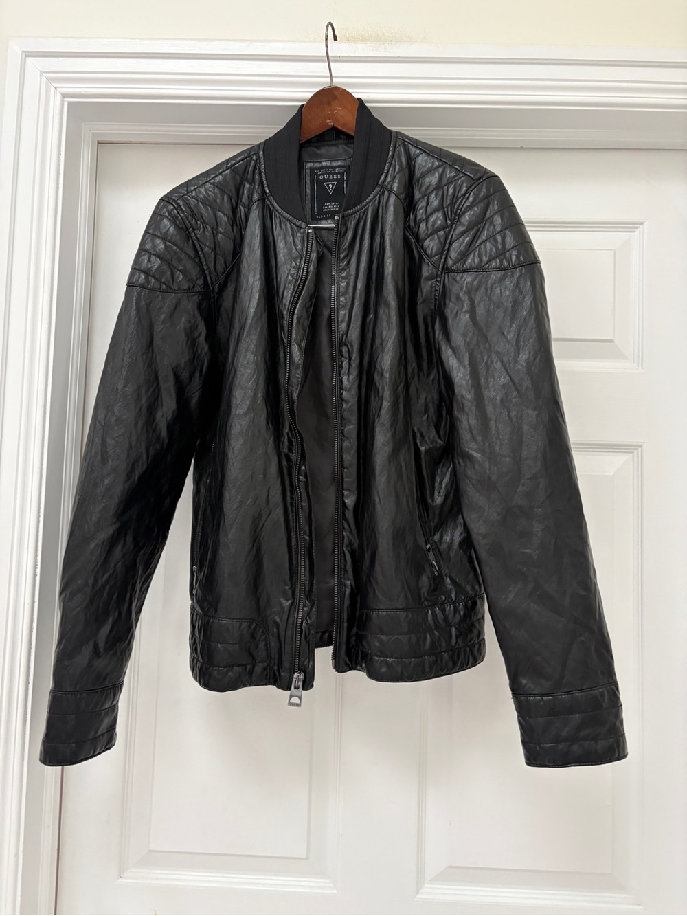 Guess Black Quilted Faux Leather Bomber Jacket men’s medium